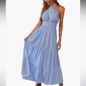 Ecowish Blue and White Gingham Maxi Dress
